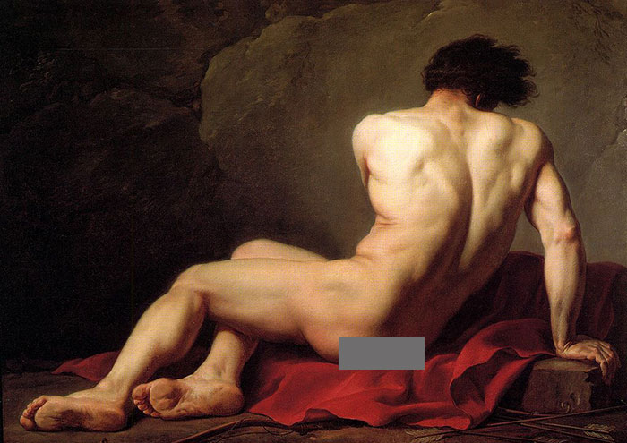 A famous painting depicting a n**e figure seated on red fabric, showcasing classic art techniques.
