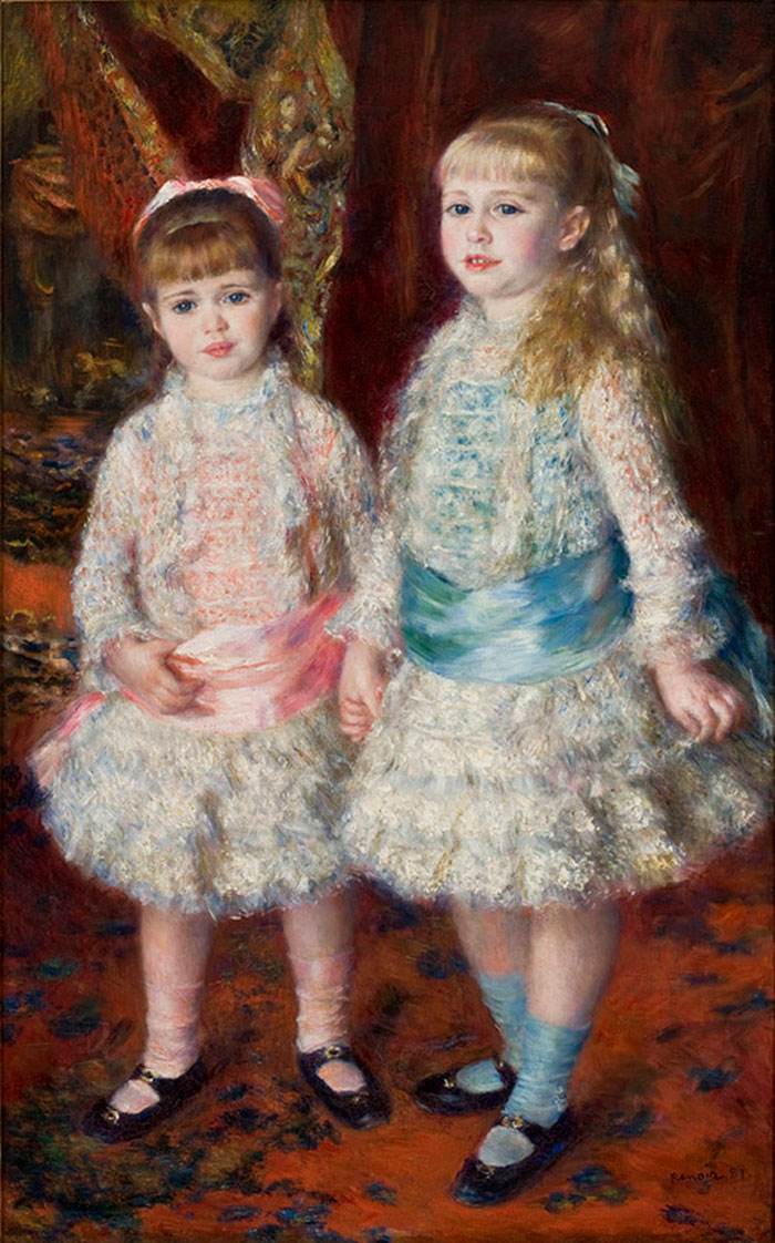 Two girls in frilly dresses with pink and blue sashes, a scene from a famous art painting.