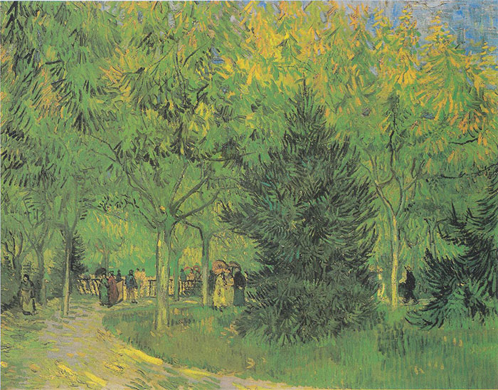 Famous painting depicting a lush green park with people strolling beneath vibrant trees.