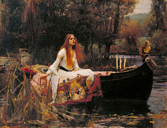 A woman in a boat in a famous painting, surrounded by trees and water, wearing a white dress with intricate patterns.