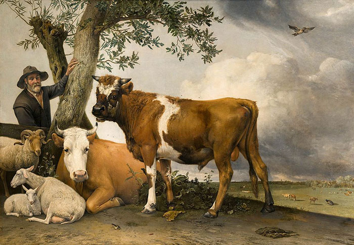 Famous painting depicts livestock under a tree, with a man standing nearby, in a serene landscape.