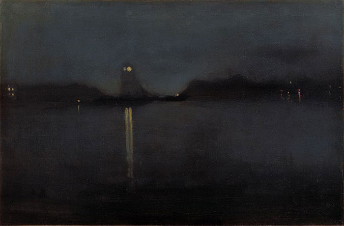 Famous painting of a dark, mysterious night scene with faint lights and reflections on water.