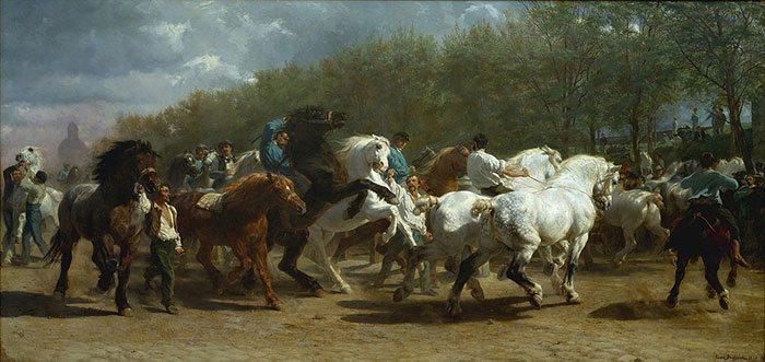 Famous painting depicting a dynamic scene of men herding horses through a wooded area.