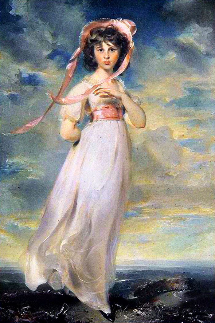 Painting of a young girl in a flowing dress with a sunset background, exemplifying famous art history.