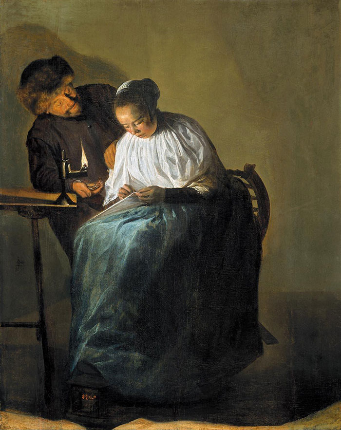 A famous painting depicting a woman reading a letter beside a man in dim lighting.