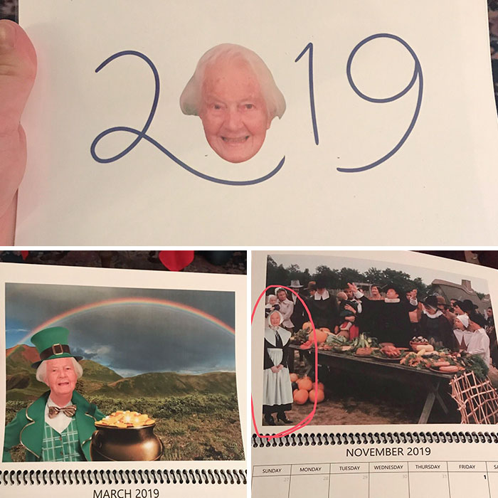 Para la Navidad de este año, mi abuela de 97 años nos regaló un calendario con fotos de ella misma editadas con Photoshop para cada mes