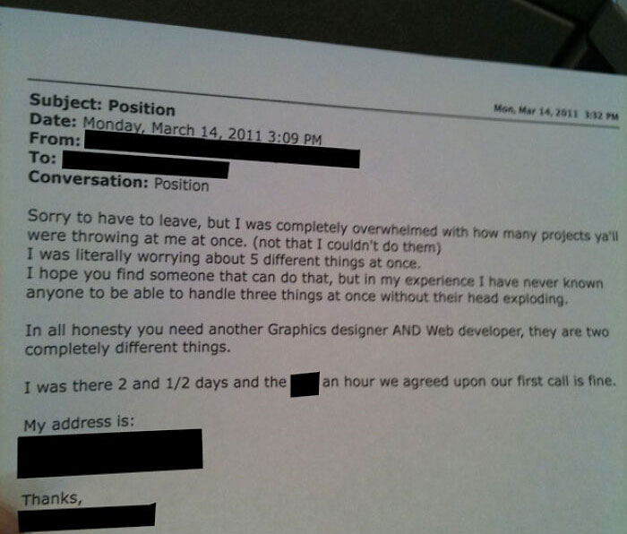 After 2 Days, He Disappeared To "Get Something From His Car" At 2:30pm And Never Came Back. He Left My Favorite Resignation Letter Ever