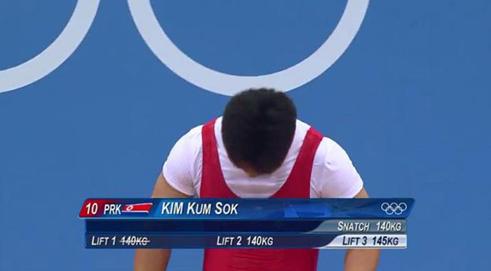 Weightlifter Kim Kum Sok competing in the snatch event, highlighting unusual and dumbest names encountered by people.