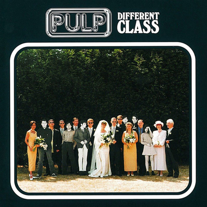 Pulp's "Different Class" album cover, featuring a wedding party with color and black-and-white figures.