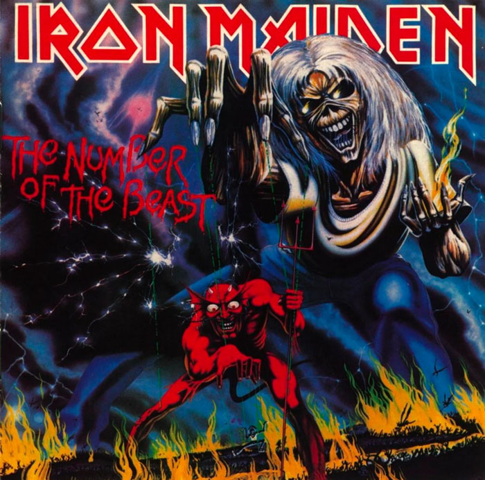 Iron Maiden's "The Number of the Beast" album cover featuring Eddie and a devil amidst lightning and flames.