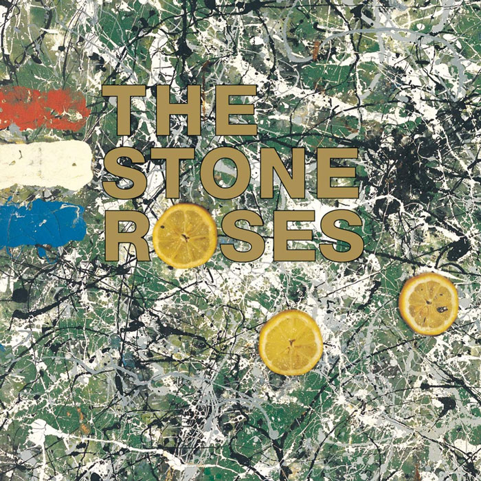Iconic album cover of The Stone Roses, featuring abstract paint splatters and lemons.
