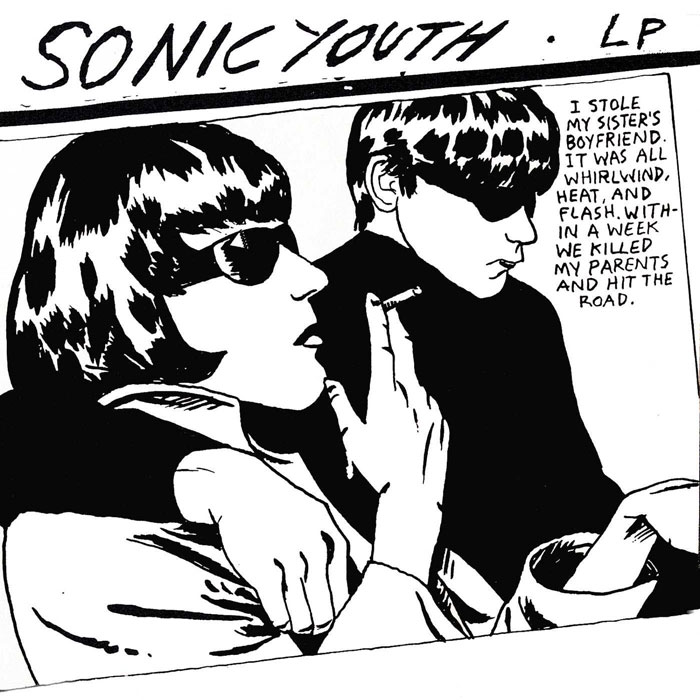Illustration of two people in sunglasses on a black and white album cover, representing iconic album art.