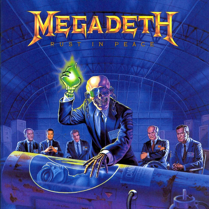 Futuristic album cover featuring a skeleton holding a glowing orb, with suited figures observing an alien figure.