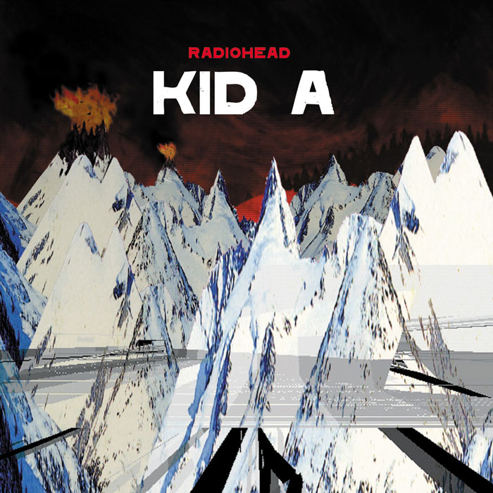 "Radiohead's Kid A album cover showing abstract snowy mountains and flames under a dark sky."