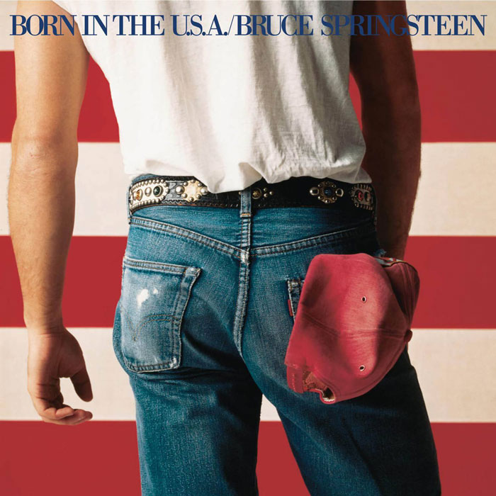 Person in jeans with a red cap, iconic album cover with USA flag background.