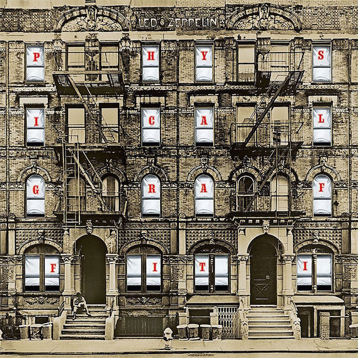 The album cover features a sepia-toned building facade with letters spelling "Physical Graffiti" in the windows.