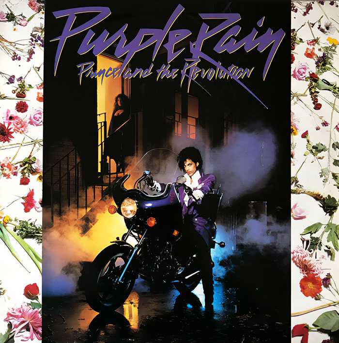 Iconic Purple Rain album cover with a figure on a motorcycle against a vibrant, misty backdrop.