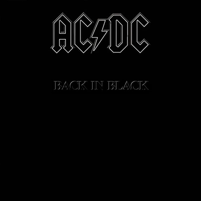 AC/DC's "Back in Black" album cover, iconic black design with band name in bold letters.