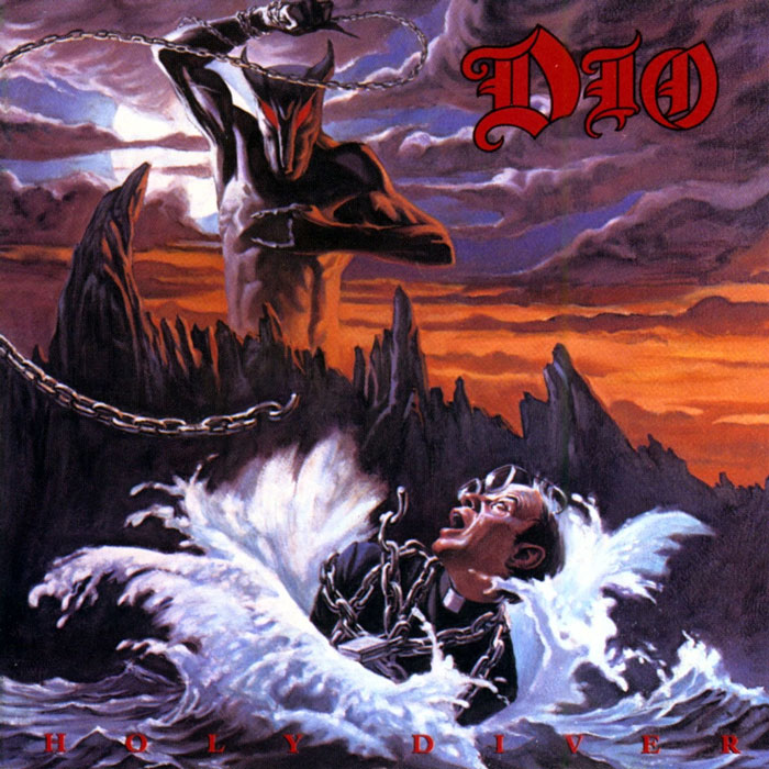 Fantasy-themed album cover featuring a chained figure in water with a demon, titled "Holy Diver."