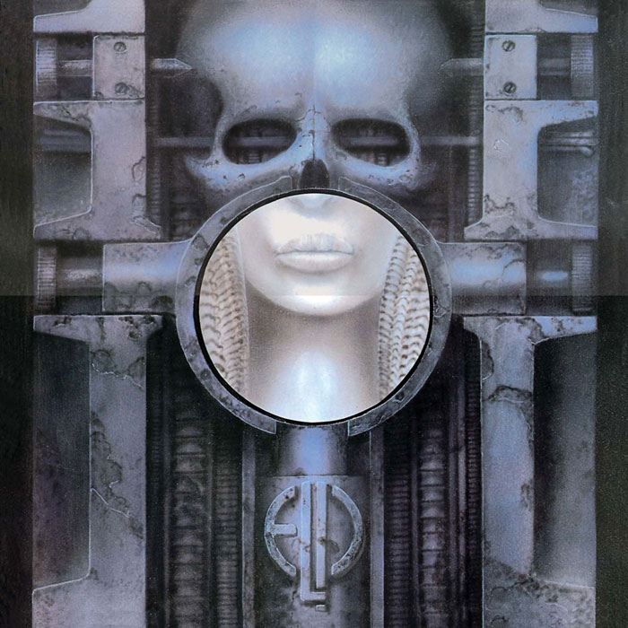 Futuristic and surreal design featured on one of the greatest album covers ever, showcasing intricate mechanical details.