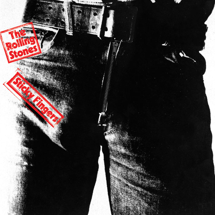 Iconic album cover featuring a close-up of denim jeans with a zipper, titled "Sticky Fingers."