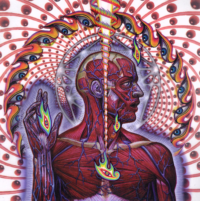 Psychedelic artwork featuring a human figure with surreal, abstract elements on an iconic album cover.