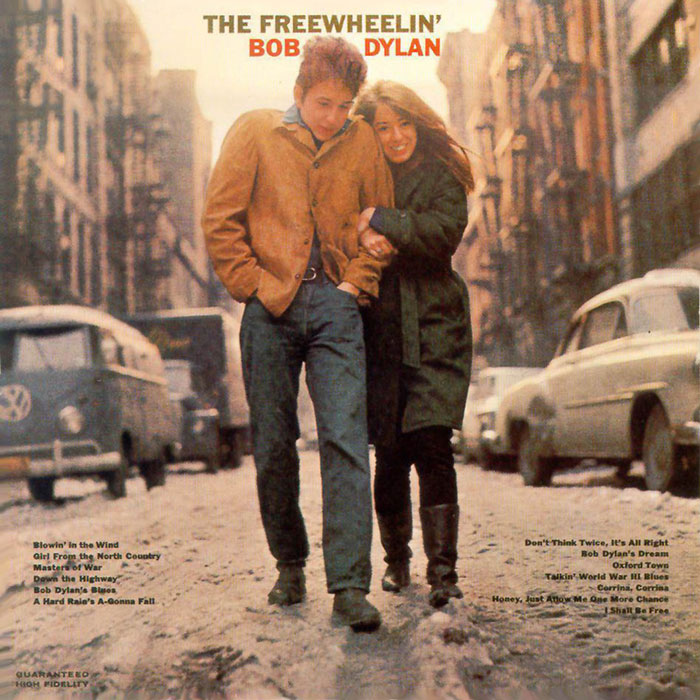Iconic album cover featuring a couple walking down a snowy street in New York City.