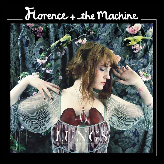 Florence + the Machine's "Lungs" album cover, featuring floral background and ethereal styling.