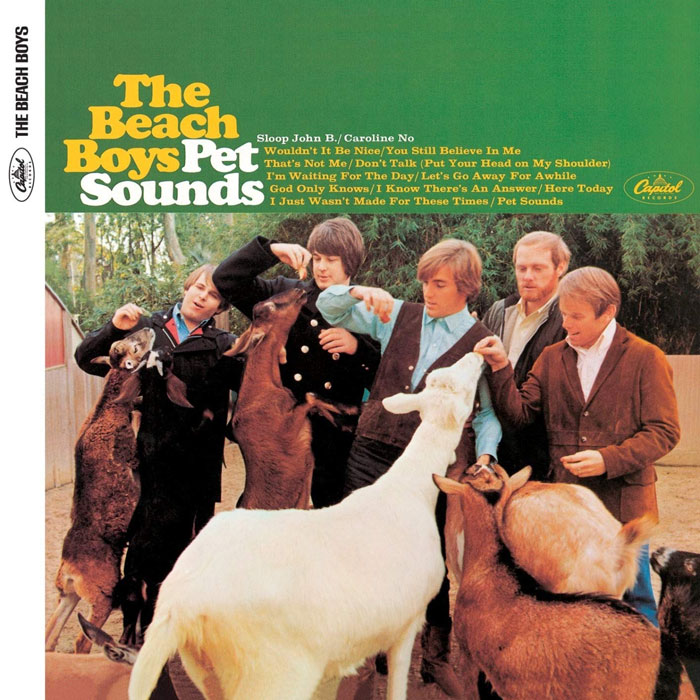 The Beach Boys with goats on the "Pet Sounds" album cover, iconic in music history.
