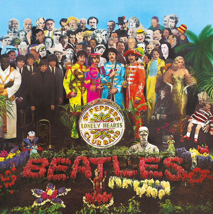 Colorful artwork for one of the greatest album covers ever, featuring musicians in vibrant costumes and floral decorations.