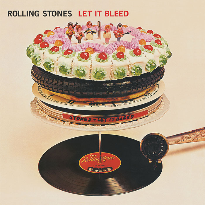 Creative album cover featuring a layered cake and vinyl record from "Let It Bleed" by the Rolling Stones.