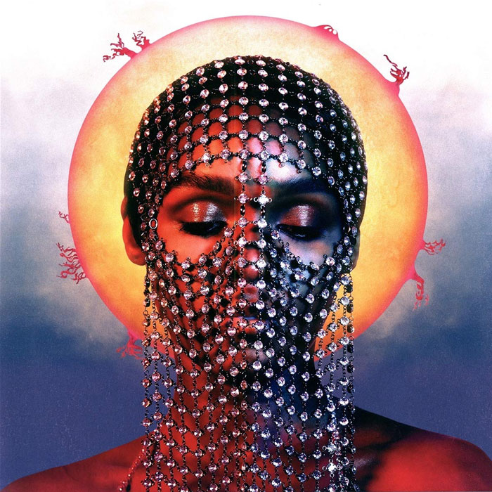 A striking album cover features a person with a jeweled headpiece and a glowing halo.