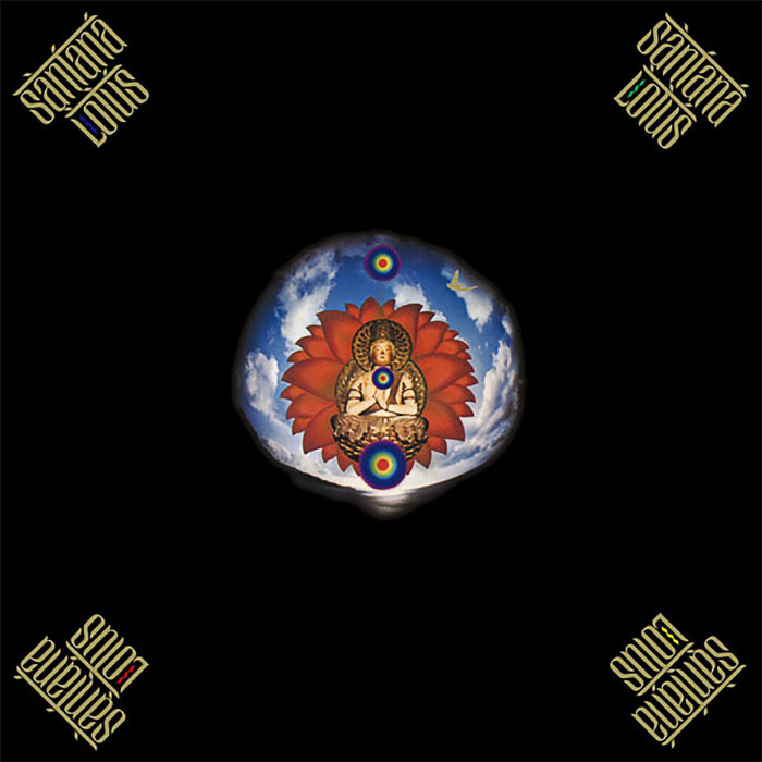 Album cover featuring a mystical figure on a lotus with a cosmic backdrop, titled "Santana Lotus."