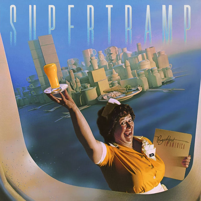 Supertramp's Breakfast in America album cover featuring a waitress holding a tray against a city skyline made of kitchenware.