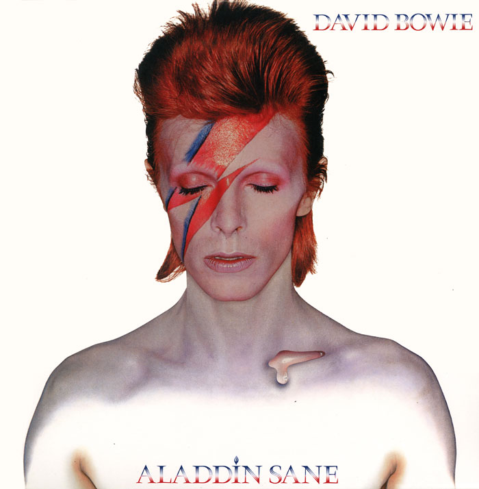 Aladdin Sane album cover featuring iconic lightning bolt makeup.