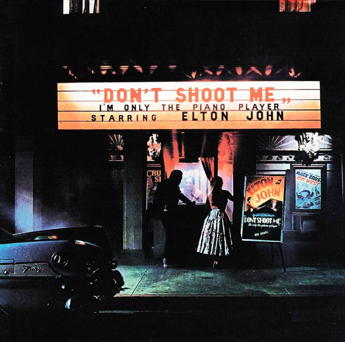 Elton John's iconic album cover with a retro theater marquee.