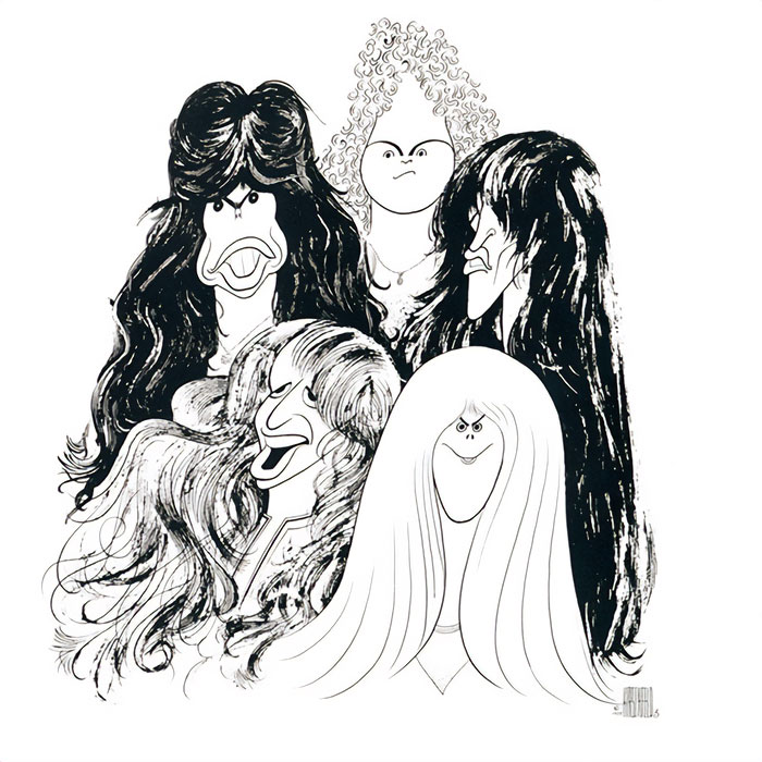 Caricatured drawing of band members in iconic album cover.
