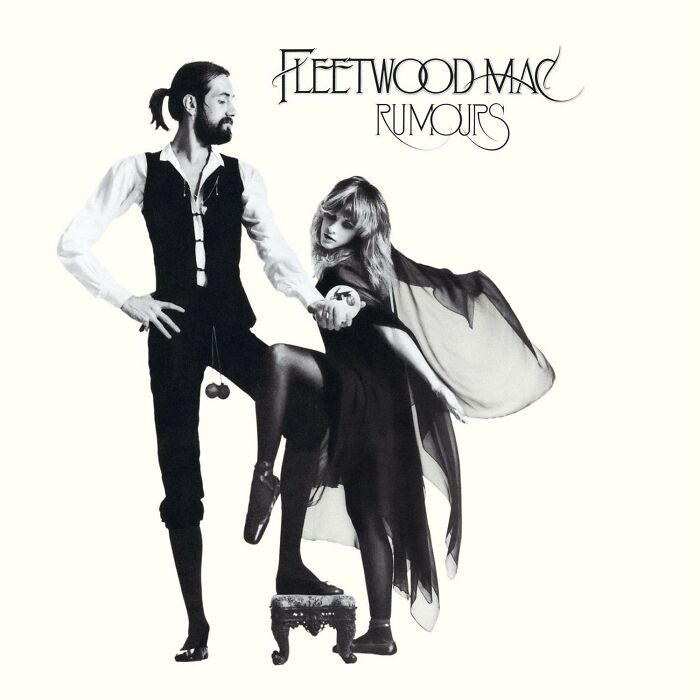 Fleetwood Mac's iconic "Rumours" album cover featuring minimalist black and white design.