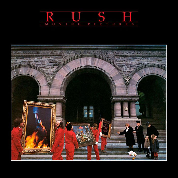 Greatest album covers: people in red uniforms carrying paintings in front of an arched building.