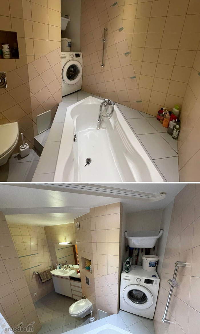 Awful home interior with a cramped bathroom, washing machine next to bathtub, and awkward layout.