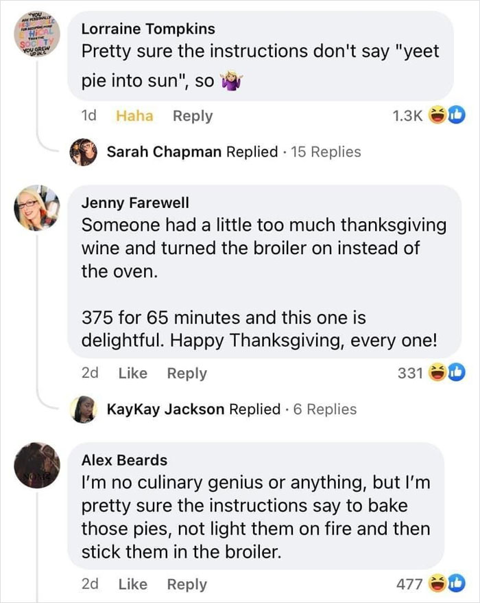 Social media comments humorously roast a burnt pie blamed on Marie Callender's instructions.