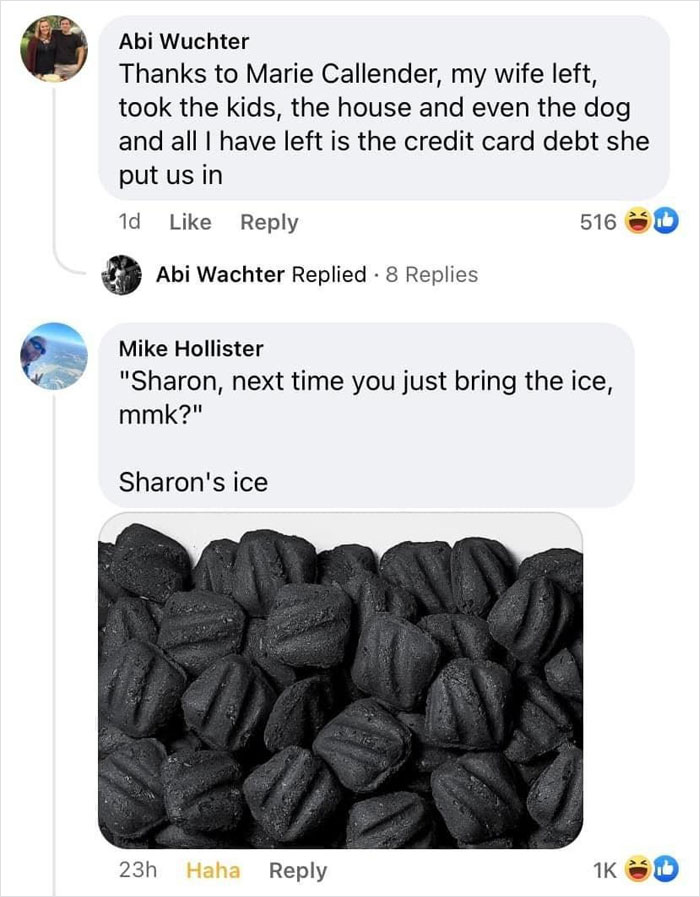 Comments mocking a burnt pie, jokingly blaming Marie Callender's, alongside an image of charred pieces.