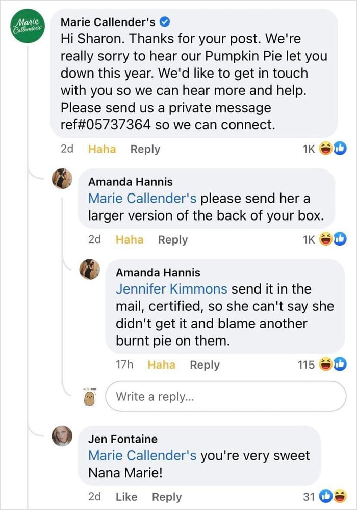 Marie Callender's responds humorously to a complaint about a burnt pie on social media, with comments joining the fun.