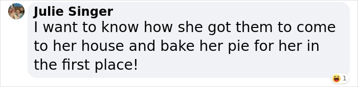 Comment mocking a user's failed attempt at baking, highlighting a humorous reaction to the pie outcome.