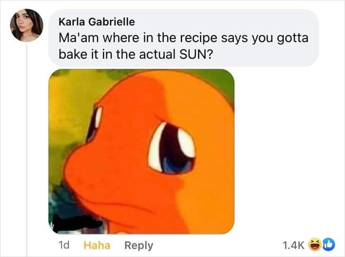 Comment about baking a pie in the sun alongside a meme image in a humorous context.