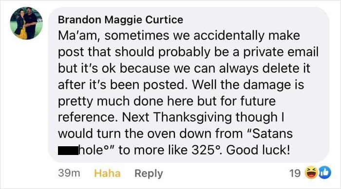 Comment humorously suggesting to reduce oven temperature to 325&deg; after a pie mishap blamed on Marie Callender's.
