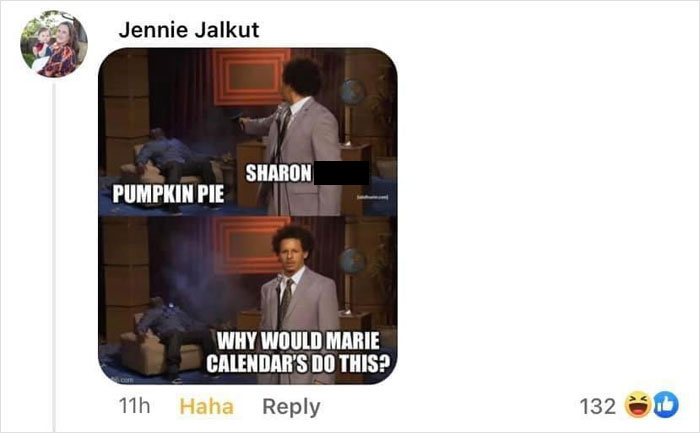 Meme depicting blame on Marie Callender's for a burnt pumpkin pie; humorous comments follow.