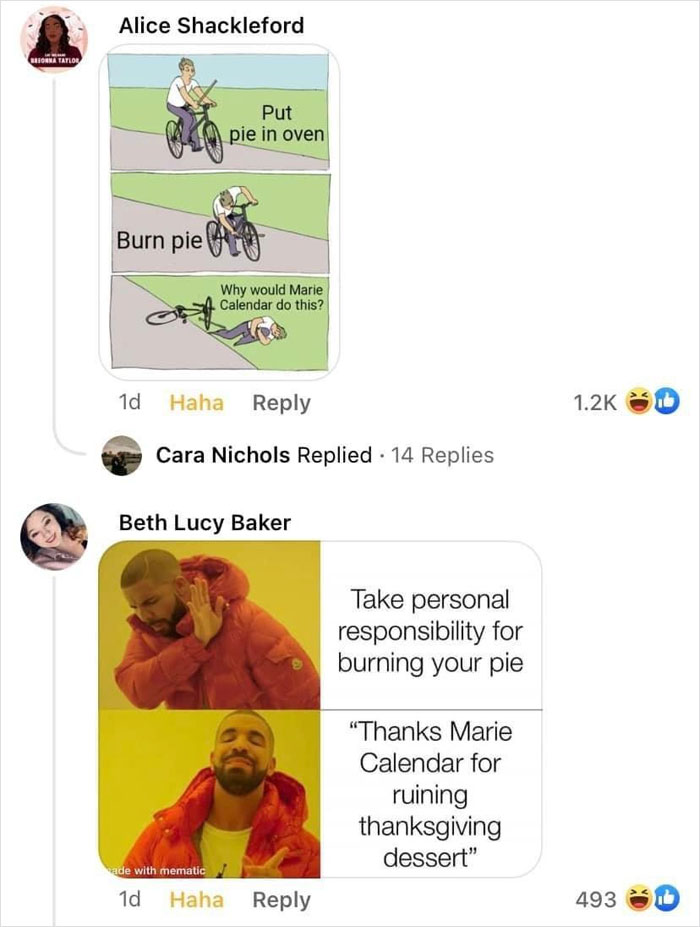 Meme jokes about a burnt pie, blaming Marie Callender's, featuring comic and Drake meme.