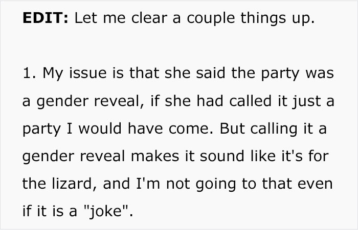 "Am I Wrong For Not Attending My Daughter's Gender Reveal For Her Lizard?"