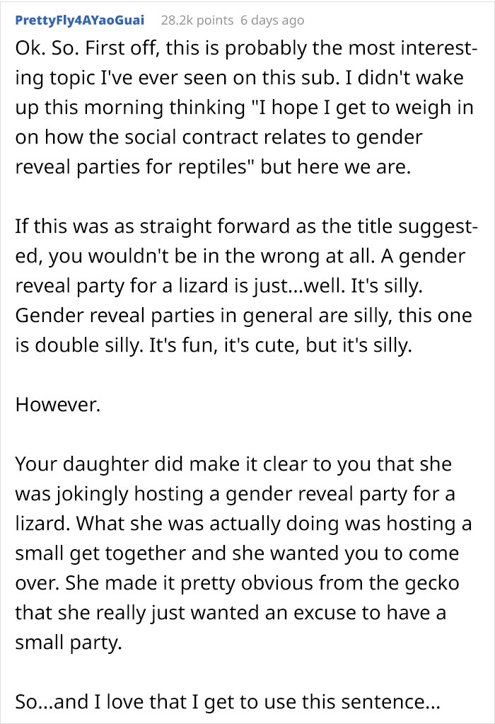 "Am I Wrong For Not Attending My Daughter's Gender Reveal For Her Lizard?"